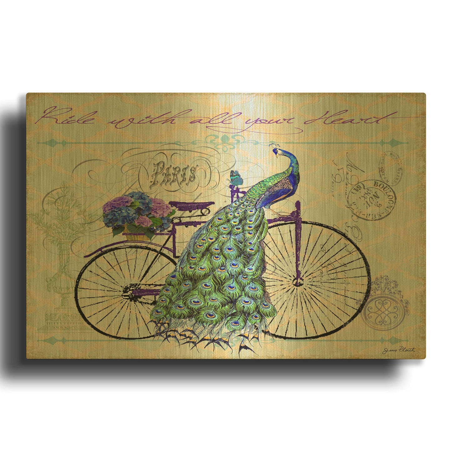 'Peacock On Bicycle II' By Jean Plout Gold Metal Wall Art