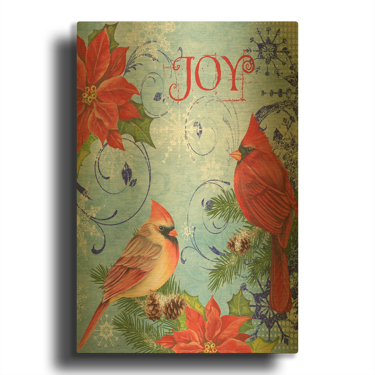 'Winter Blue Cardinals I' By Jean Plout Gold Metal Wall Art