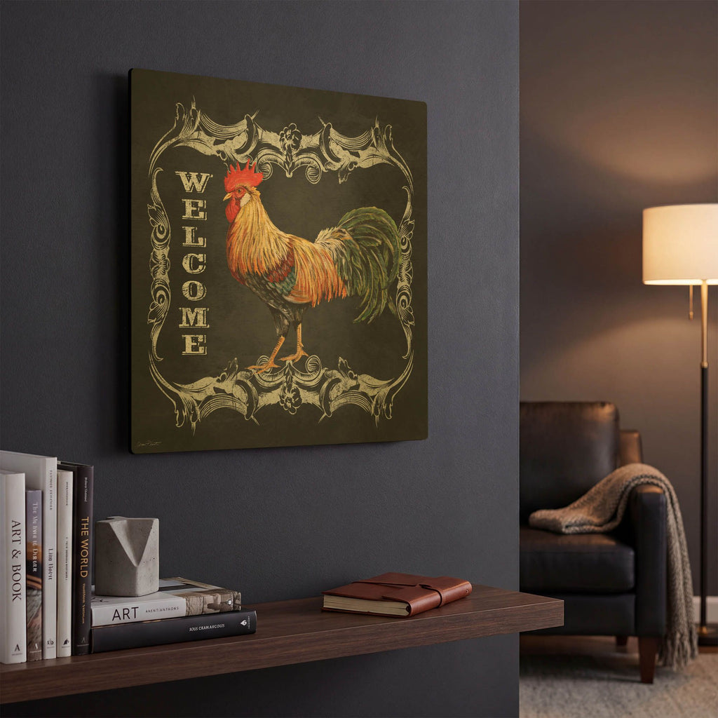 'Welcome Rooster I' By Jean Plout Gold Metal Wall Art