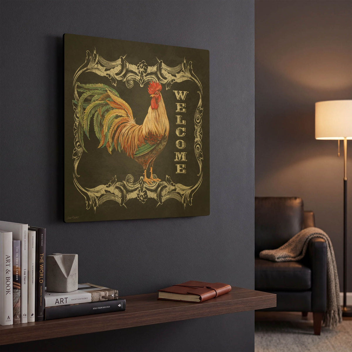 'Welcome Rooster II' By Jean Plout Gold Metal Wall Art