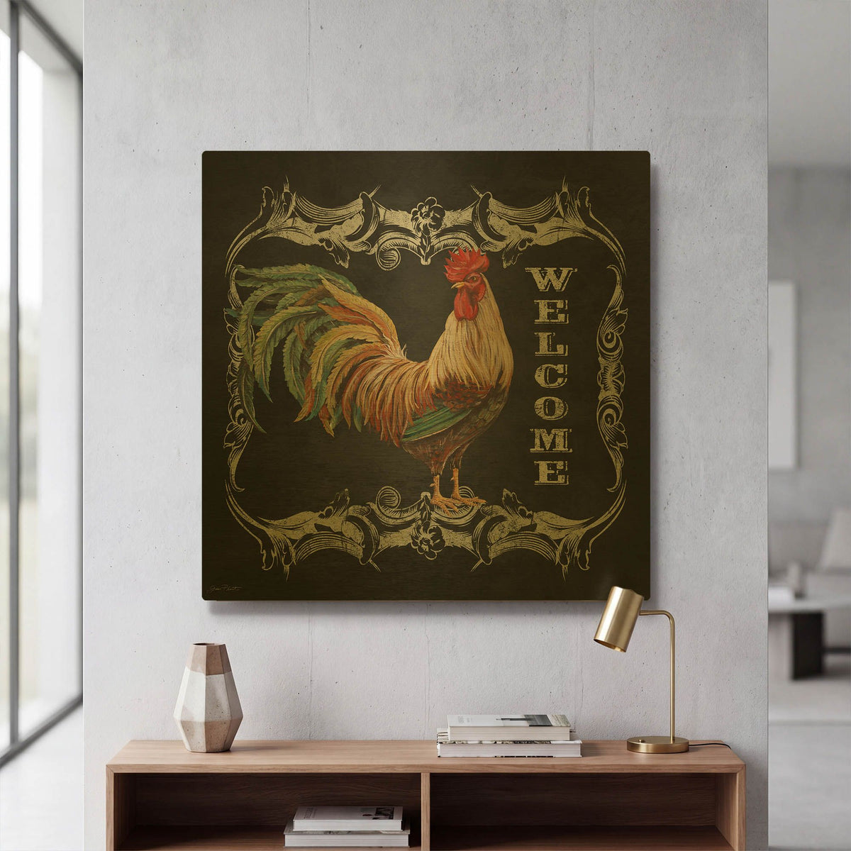 'Welcome Rooster II' By Jean Plout Gold Metal Wall Art