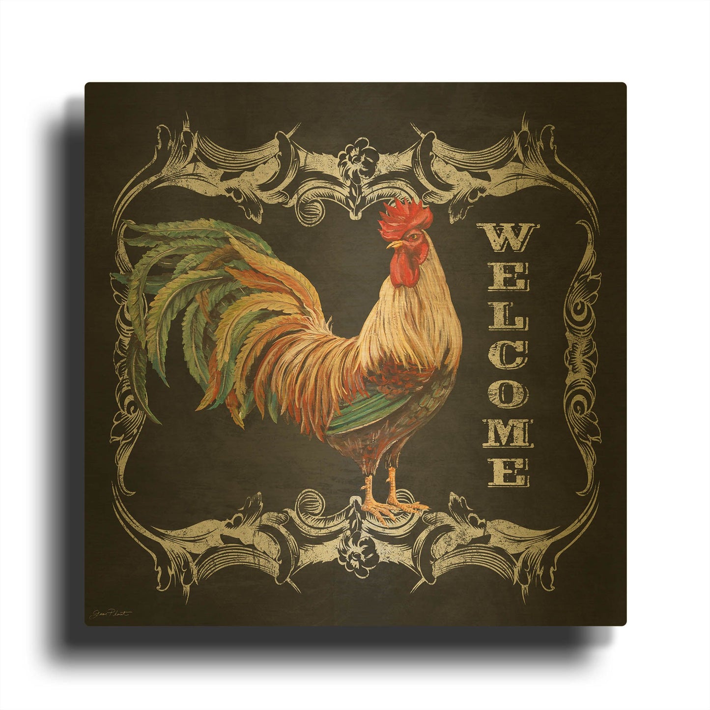 'Welcome Rooster II' By Jean Plout Gold Metal Wall Art