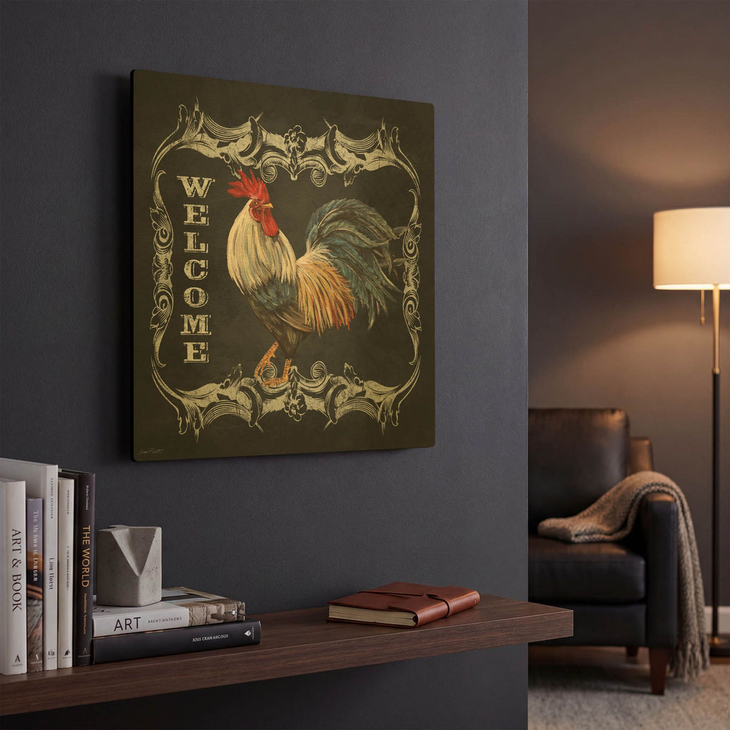 'Welcome Rooster III' By Jean Plout Gold Metal Wall Art