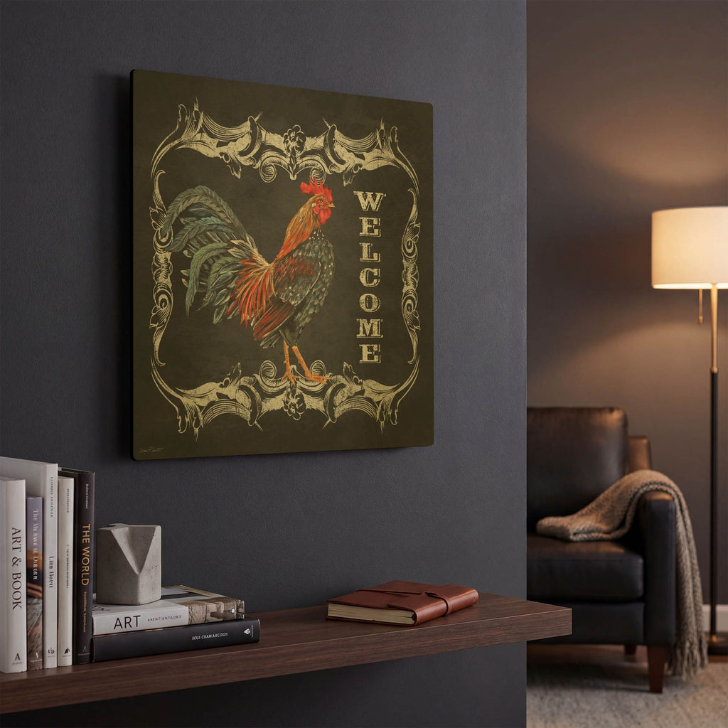 'Welcome Rooster IV' By Jean Plout Gold Metal Wall Art