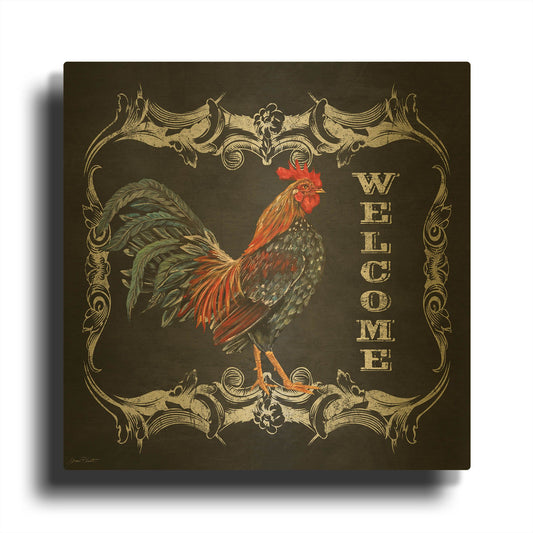 'Welcome Rooster IV' By Jean Plout Gold Metal Wall Art