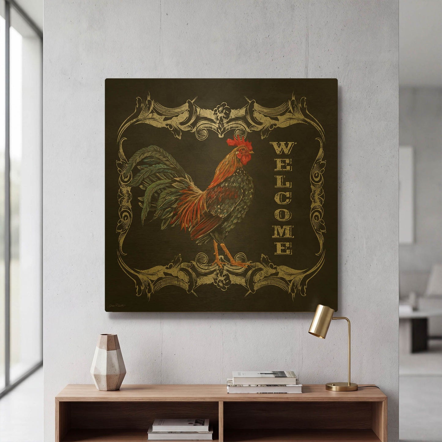 'Welcome Rooster IV' By Jean Plout Gold Metal Wall Art