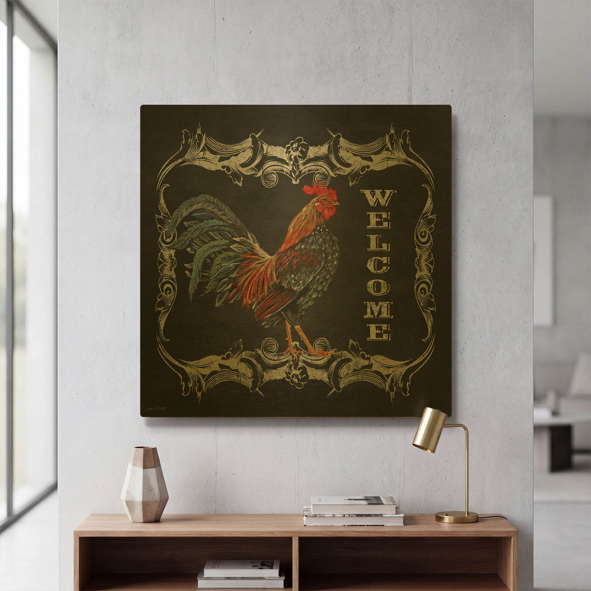 'Welcome Rooster IV' By Jean Plout Gold Metal Wall Art