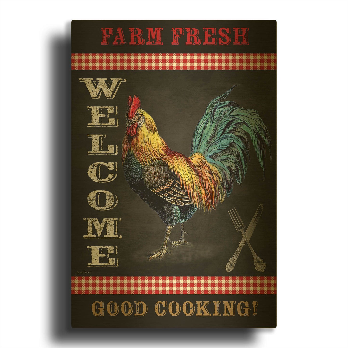 'Farm Fresh Welcome Rooster' By Jean Plout Gold Metal Wall Art
