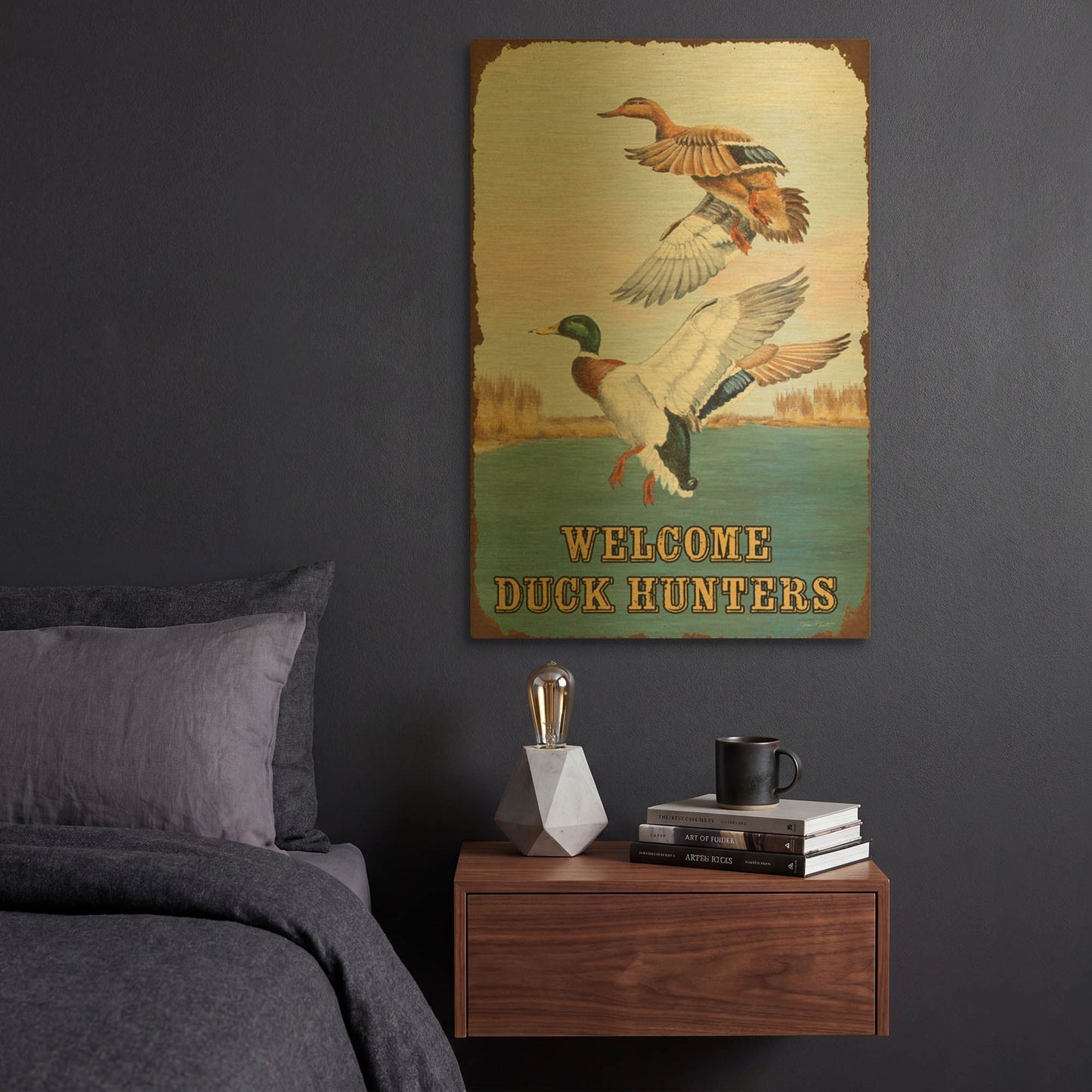 'Duck Hunters Welcome Flags' By Jean Plout Gold Metal Wall Art