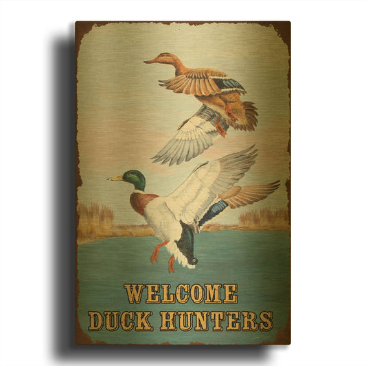 'Duck Hunters Welcome Flags' By Jean Plout Gold Metal Wall Art