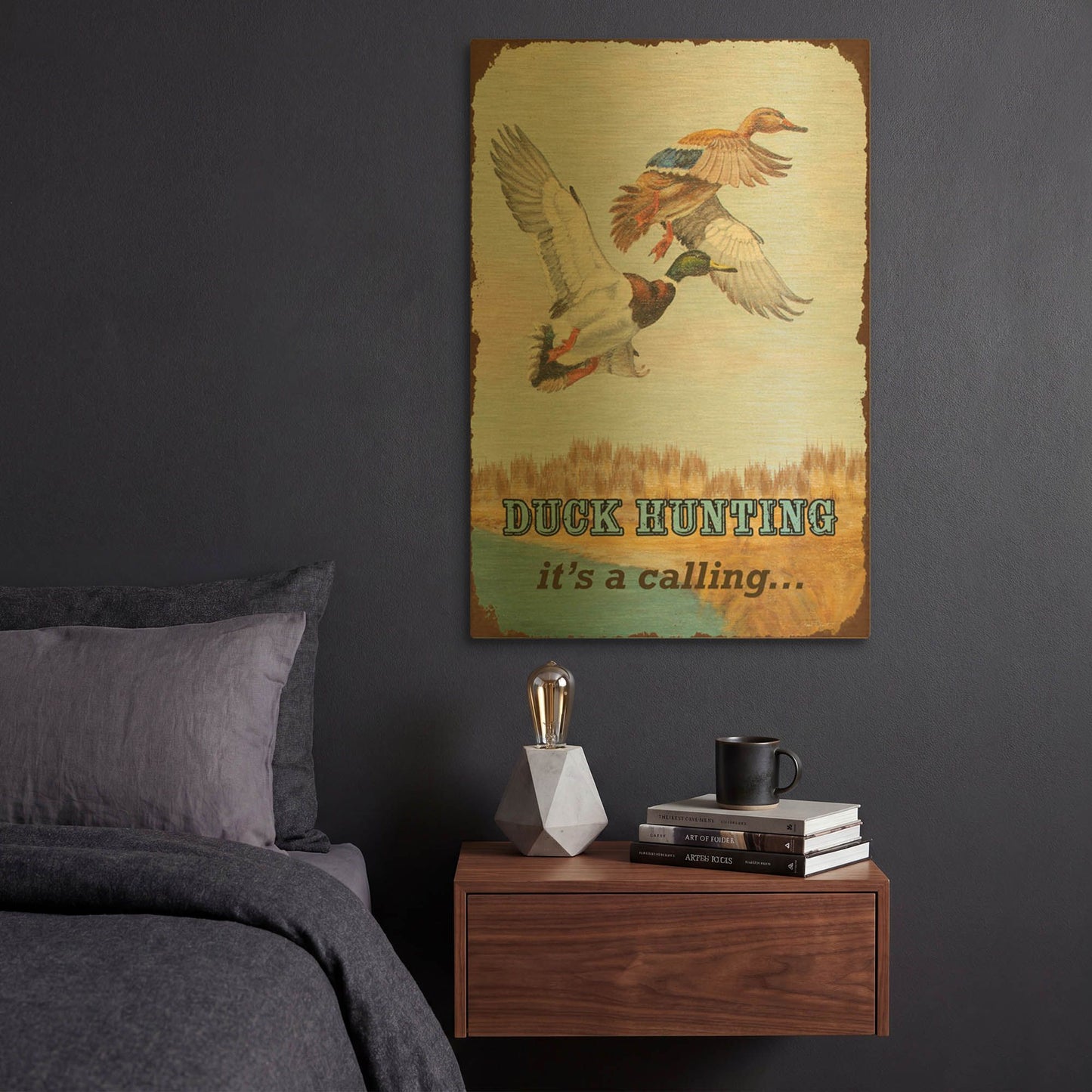 'Duck Hunting Calling Flags' By Jean Plout Gold Metal Wall Art