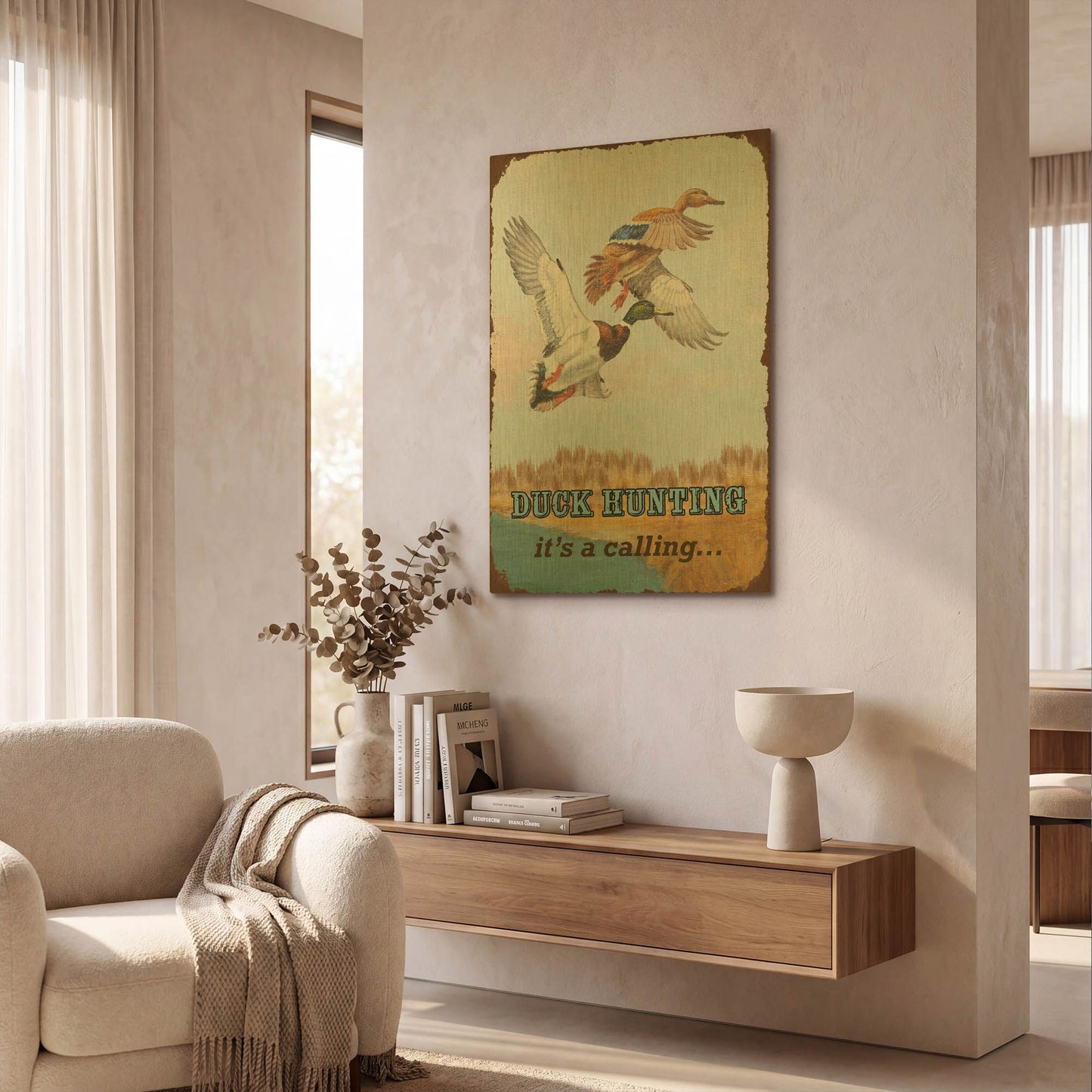 'Duck Hunting Calling Flags' By Jean Plout Gold Metal Wall Art