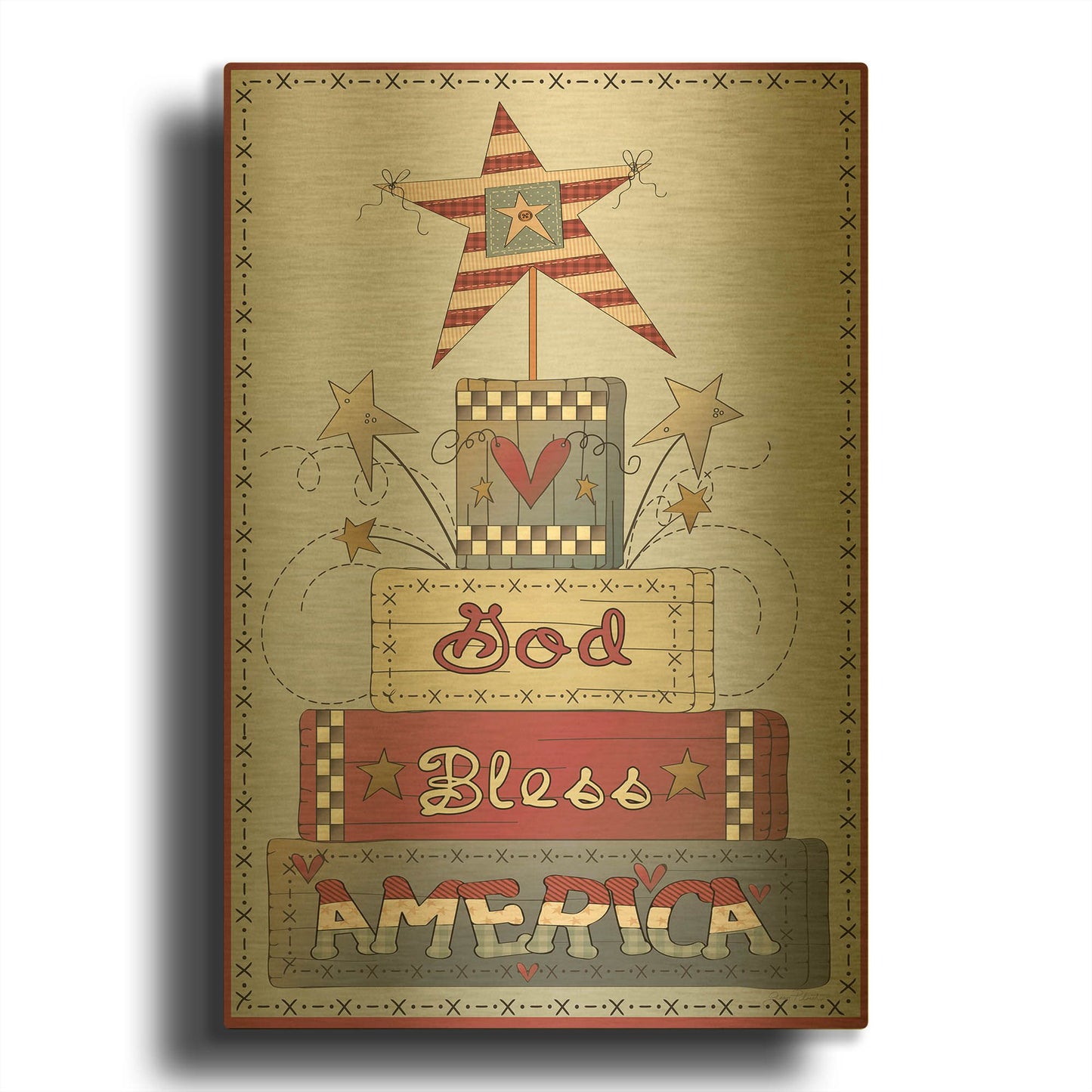 'Flag God Bless America' By Jean Plout Gold Metal Wall Art