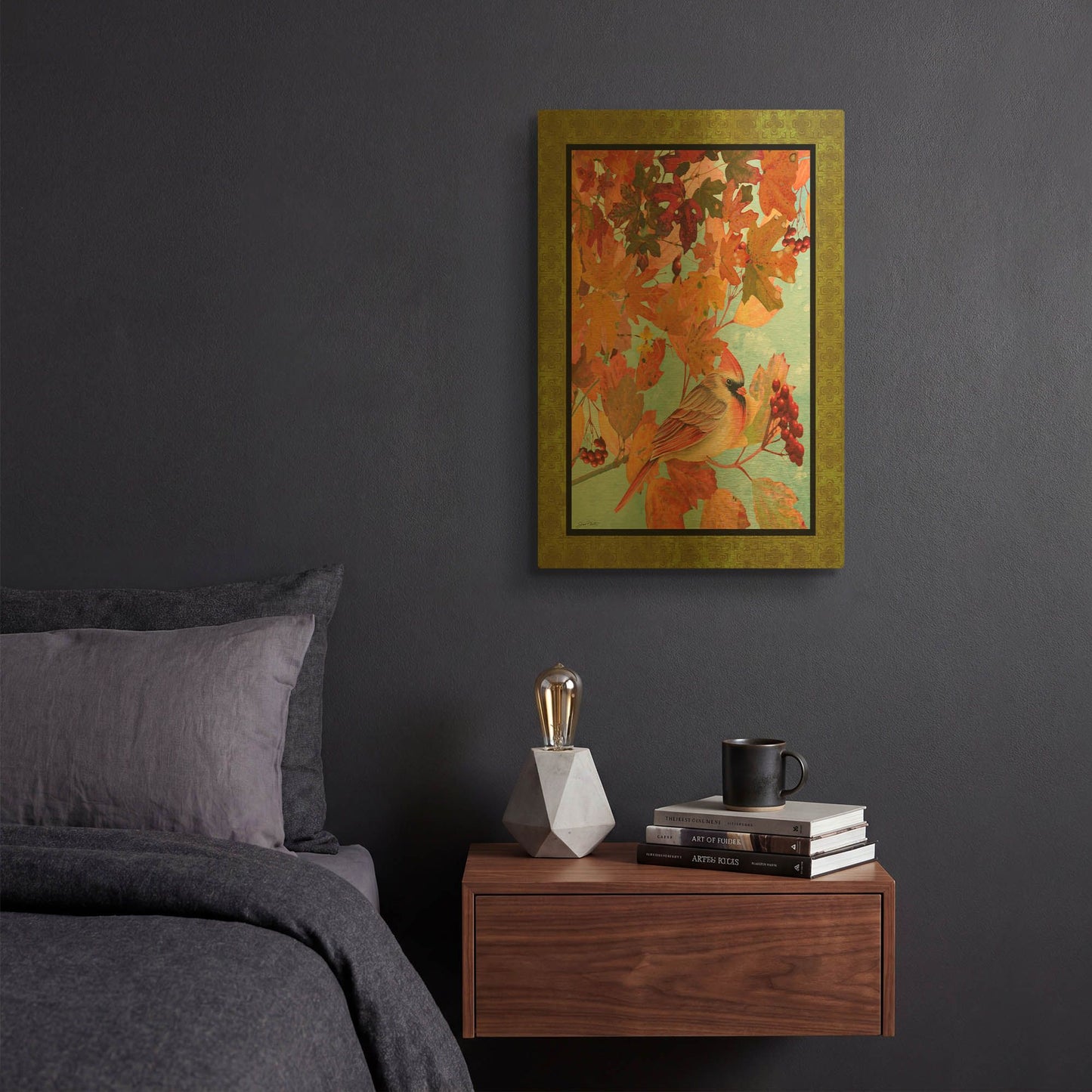 'Cardinals In The Fall Female Green Border' By Jean Plout Gold Metal Wall Art