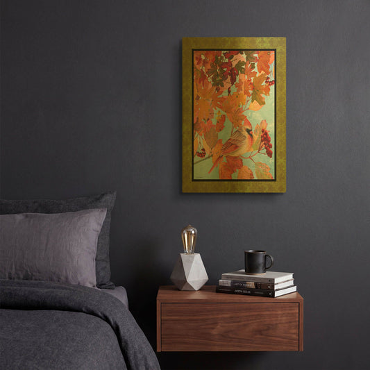 'Cardinals In The Fall Female Green Border' By Jean Plout Gold Metal Wall Art