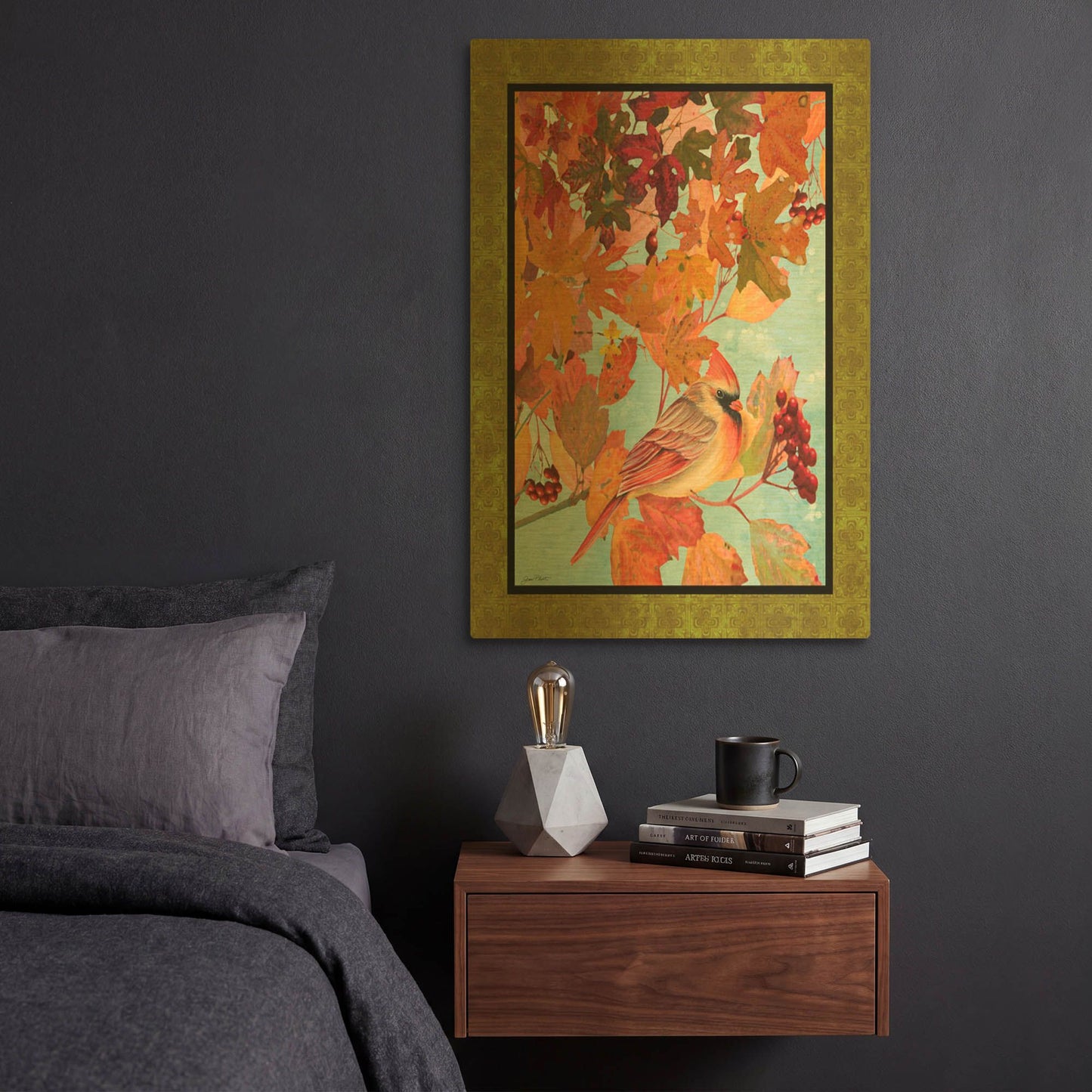 'Cardinals In The Fall Female Green Border' By Jean Plout Gold Metal Wall Art