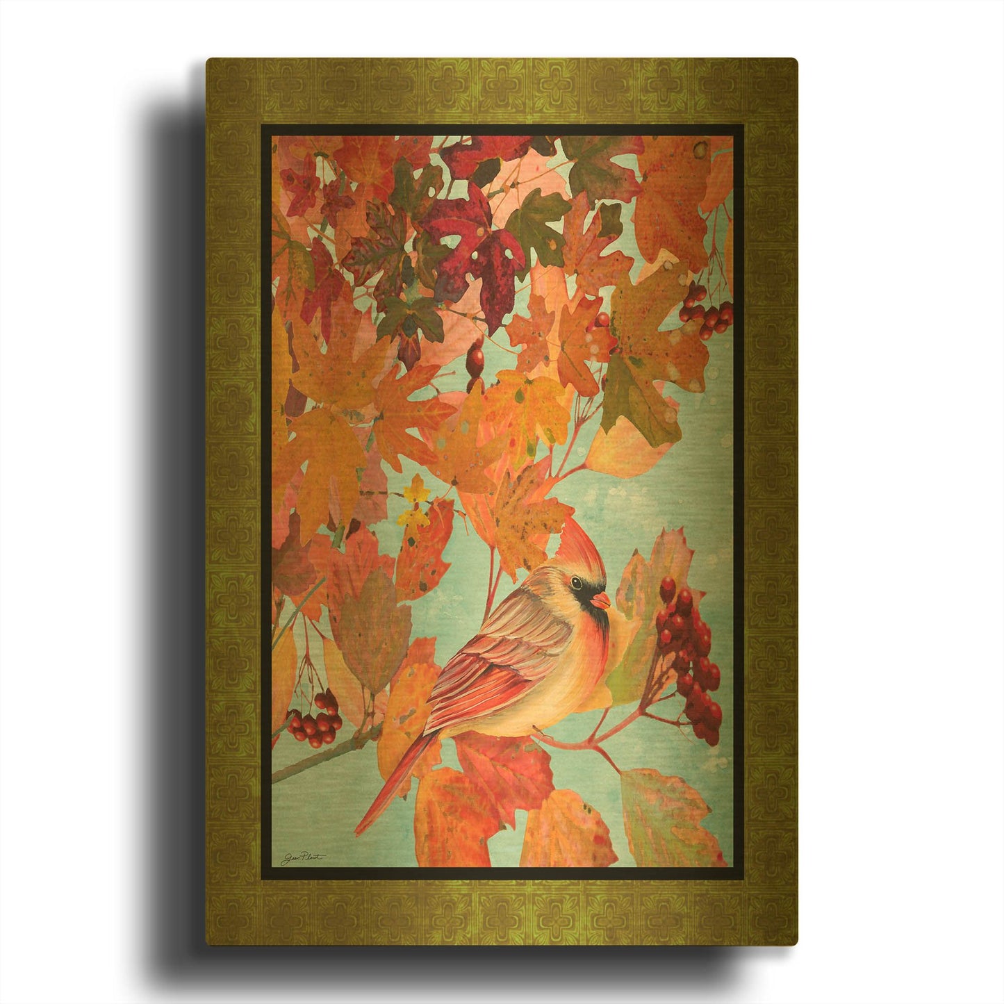 'Cardinals In The Fall Female Green Border' By Jean Plout Gold Metal Wall Art