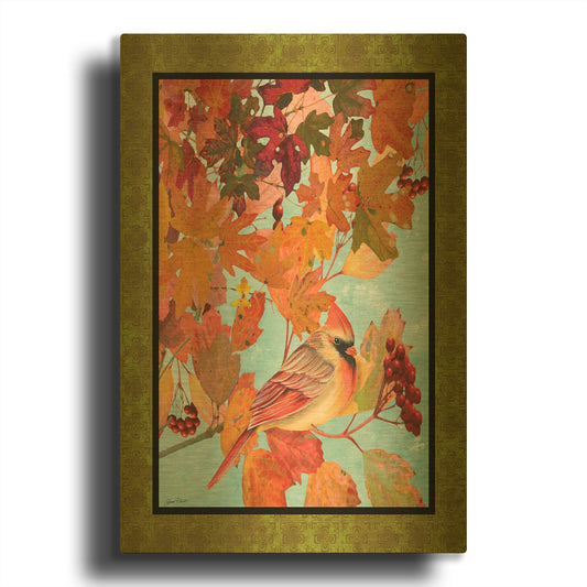 'Cardinals In The Fall Female Green Border' By Jean Plout Gold Metal Wall Art