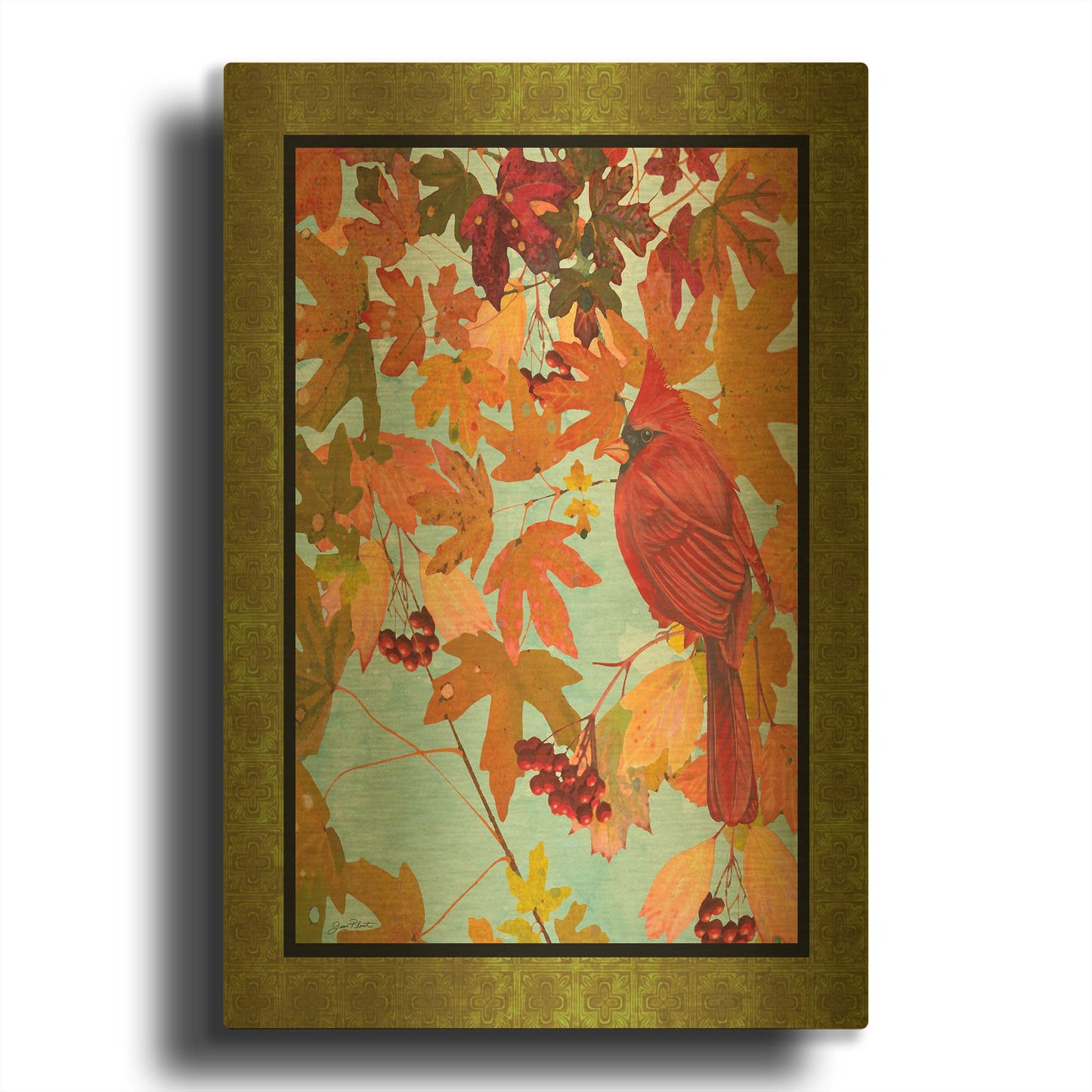 'Cardinals In The Fall Male Green Border' By Jean Plout Gold Metal Wall Art