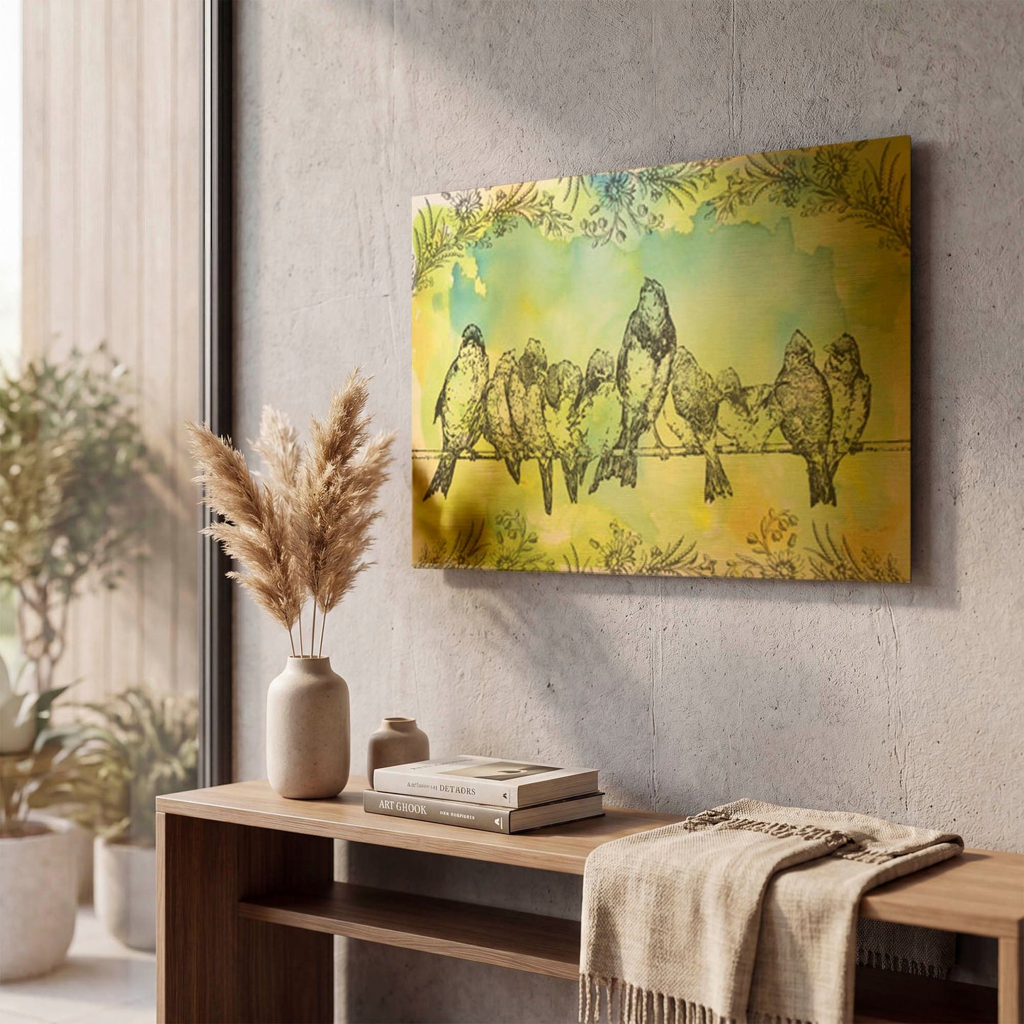 'Birds On Wire Flowers' By Jean Plout Gold Metal Wall Art
