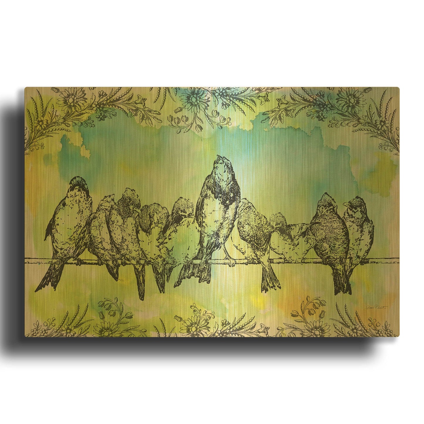 'Birds On Wire Flowers' By Jean Plout Gold Metal Wall Art