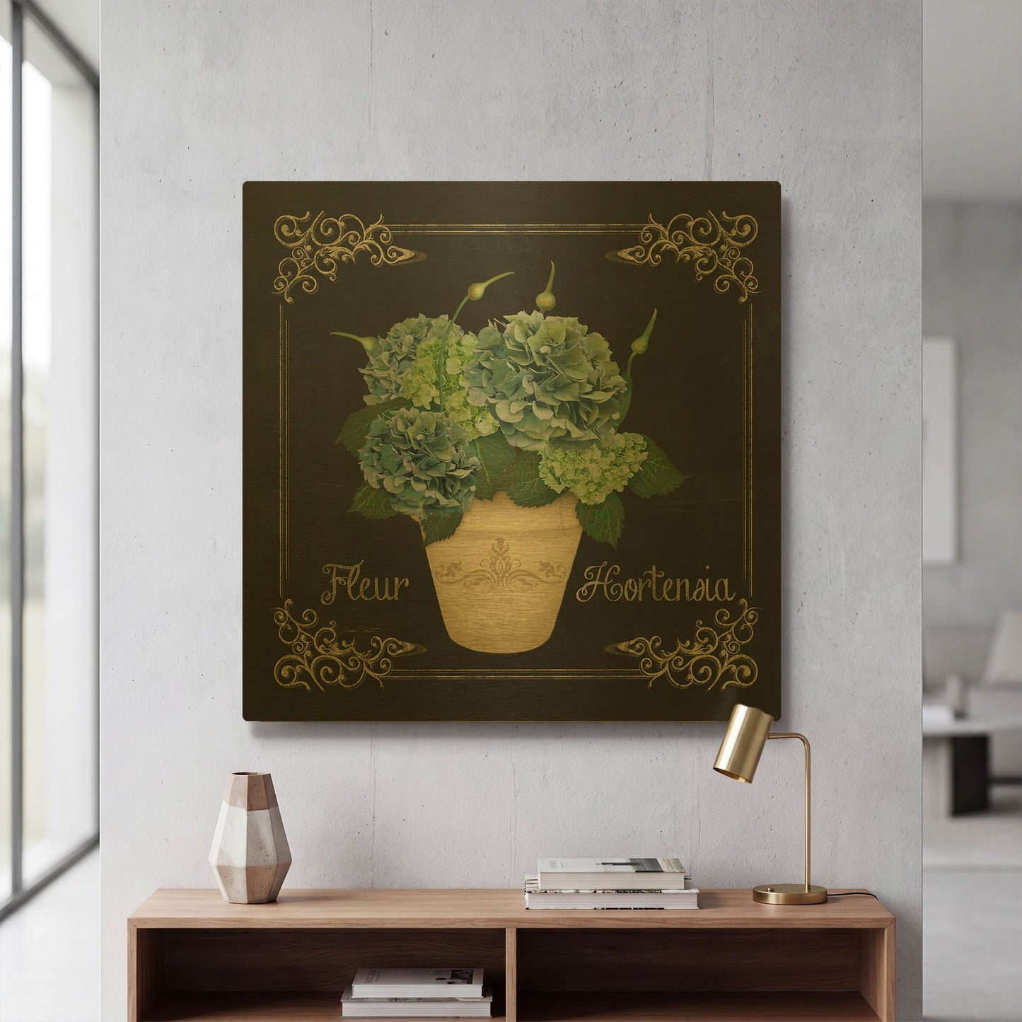 'Fleur Hortensia-53015' By Jean Plout Gold Metal Wall Art
