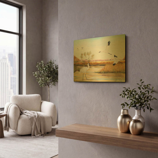 'Whooping Cranes 3' By Jean Plout Gold Metal Wall Art