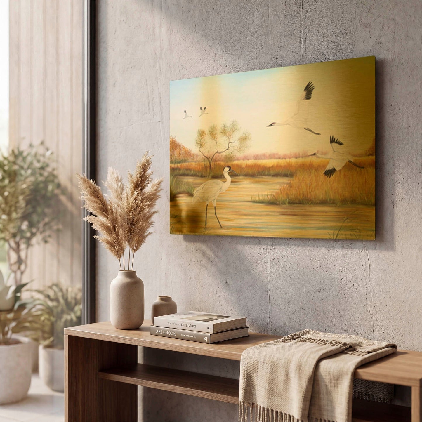'Whooping Cranes 3' By Jean Plout Gold Metal Wall Art