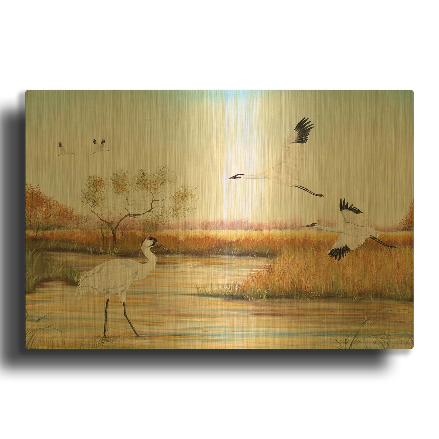 'Whooping Cranes 3' By Jean Plout Gold Metal Wall Art
