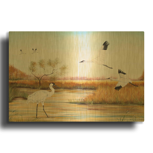 'Whooping Cranes 3' By Jean Plout Gold Metal Wall Art