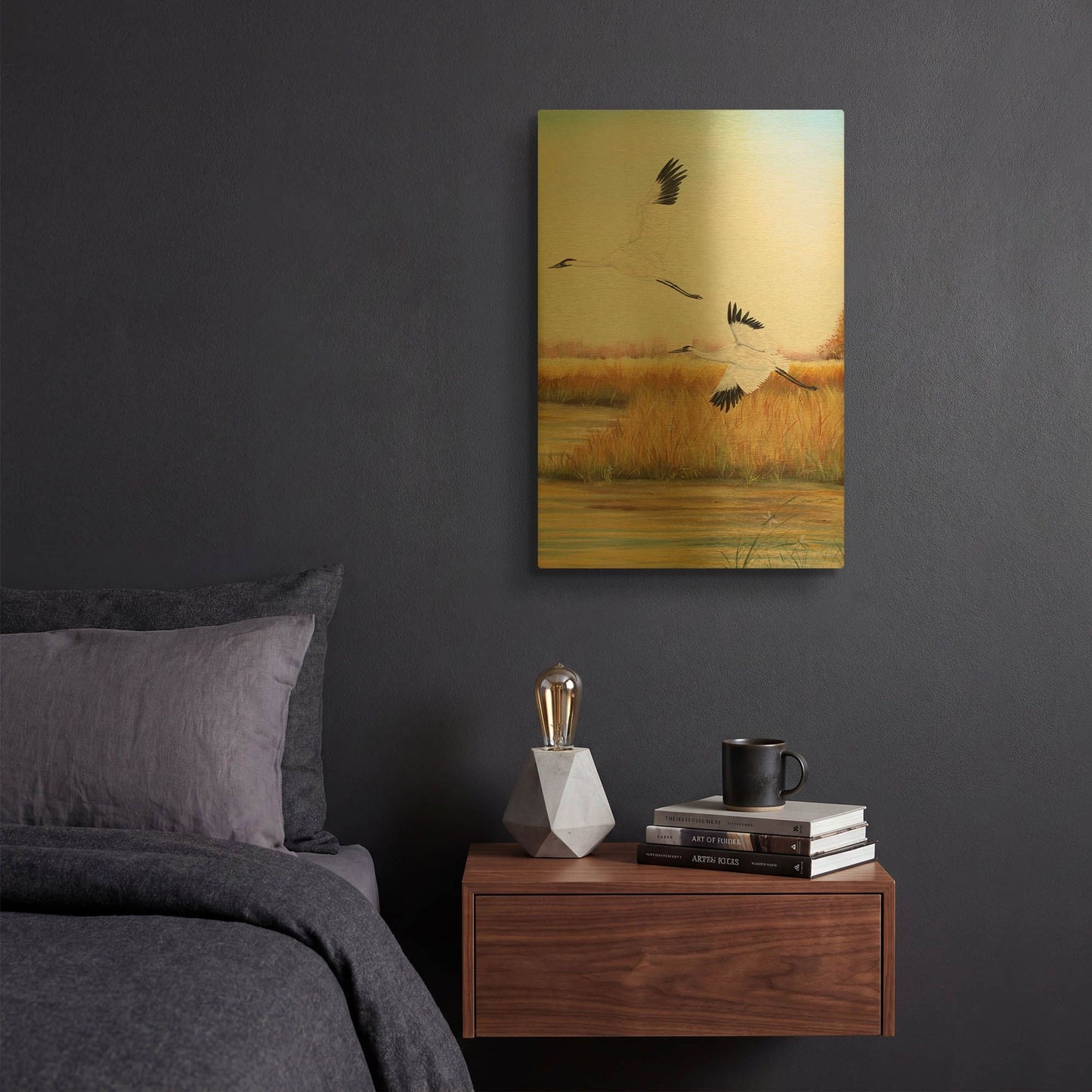 'Whooping Cranes 1' By Jean Plout Gold Metal Wall Art