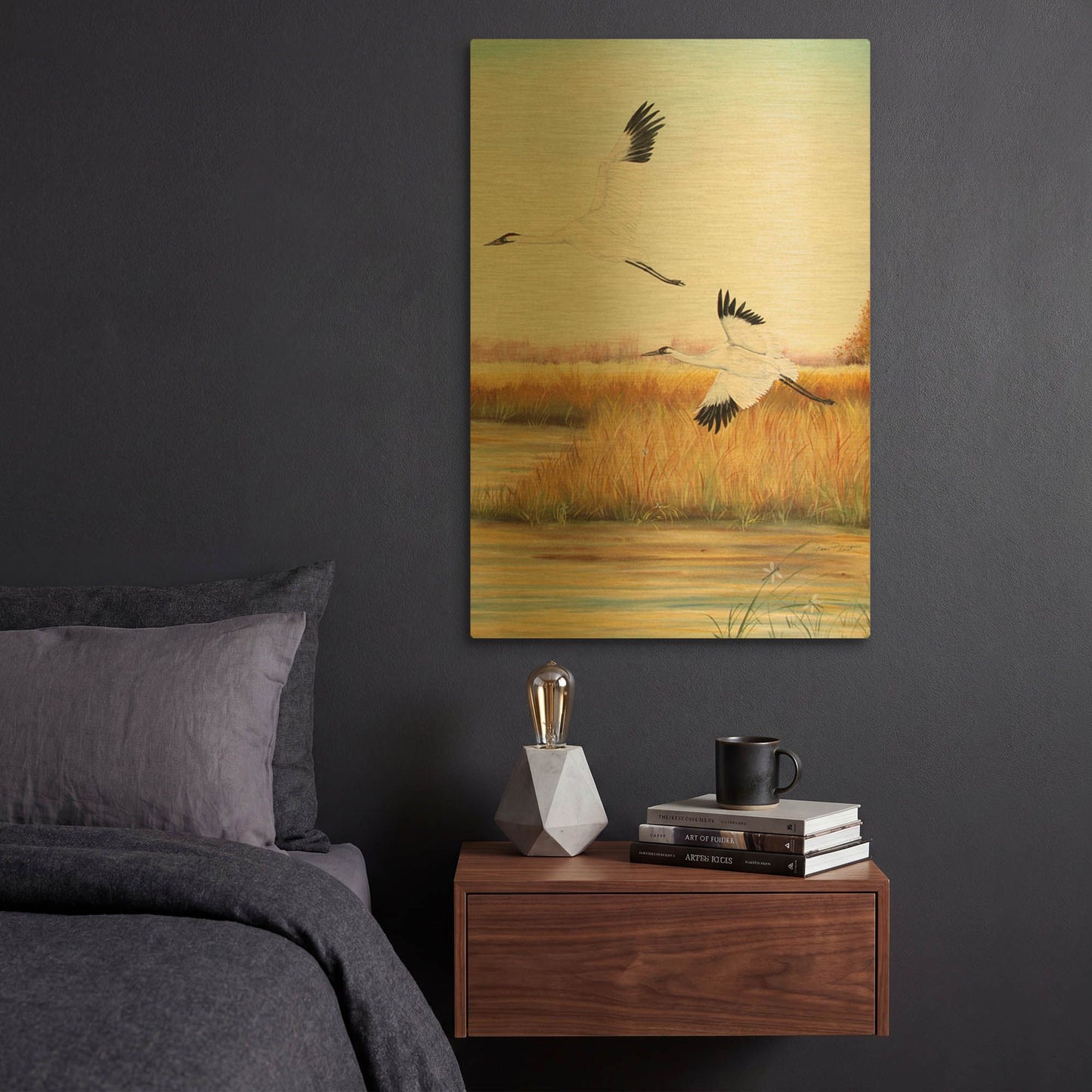 'Whooping Cranes 1' By Jean Plout Gold Metal Wall Art