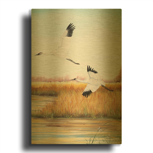 'Whooping Cranes 1' By Jean Plout Gold Metal Wall Art