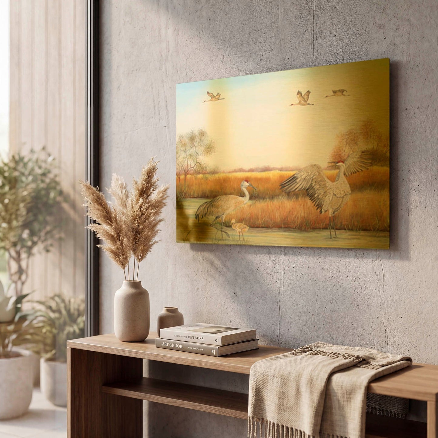 'Sandhill Cranes 3' By Jean Plout Gold Metal Wall Art