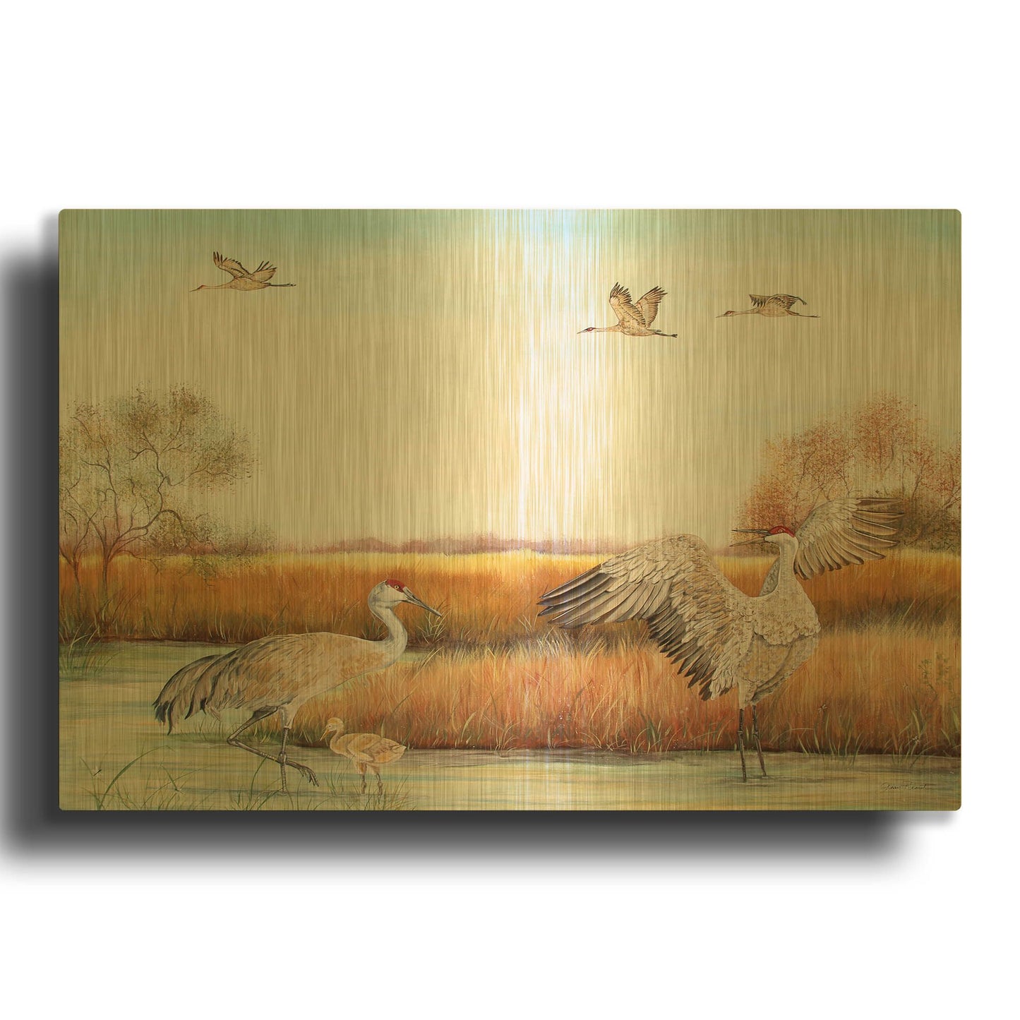 'Sandhill Cranes 3' By Jean Plout Gold Metal Wall Art