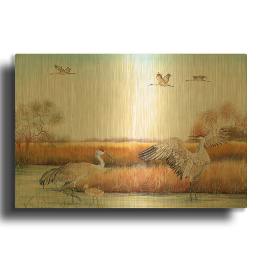 'Sandhill Cranes 3' By Jean Plout Gold Metal Wall Art