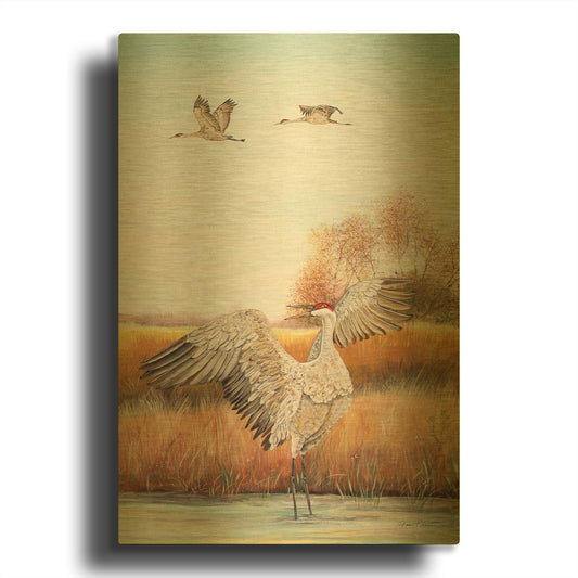 'Sandhill Cranes 1' By Jean Plout Gold Metal Wall Art
