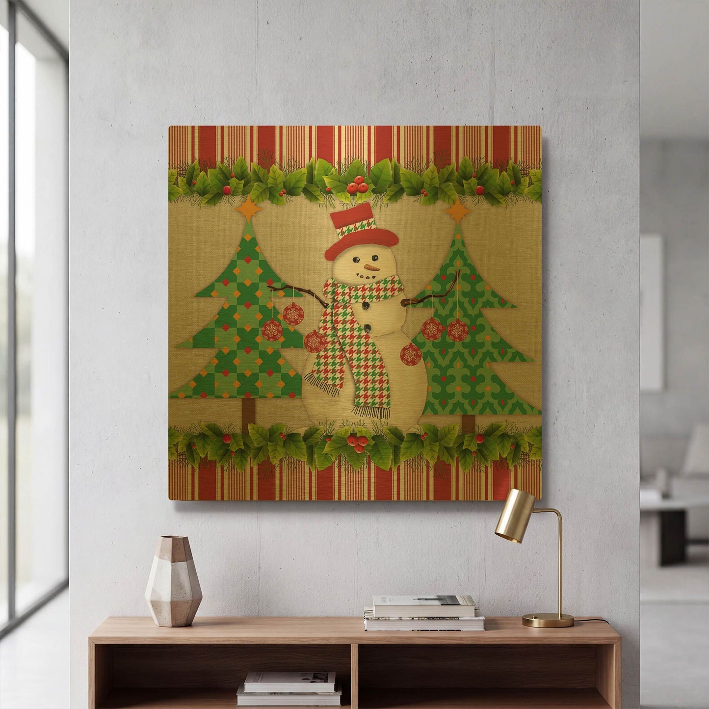 'Houndstooth Snowman' By Jean Plout Gold Metal Wall Art