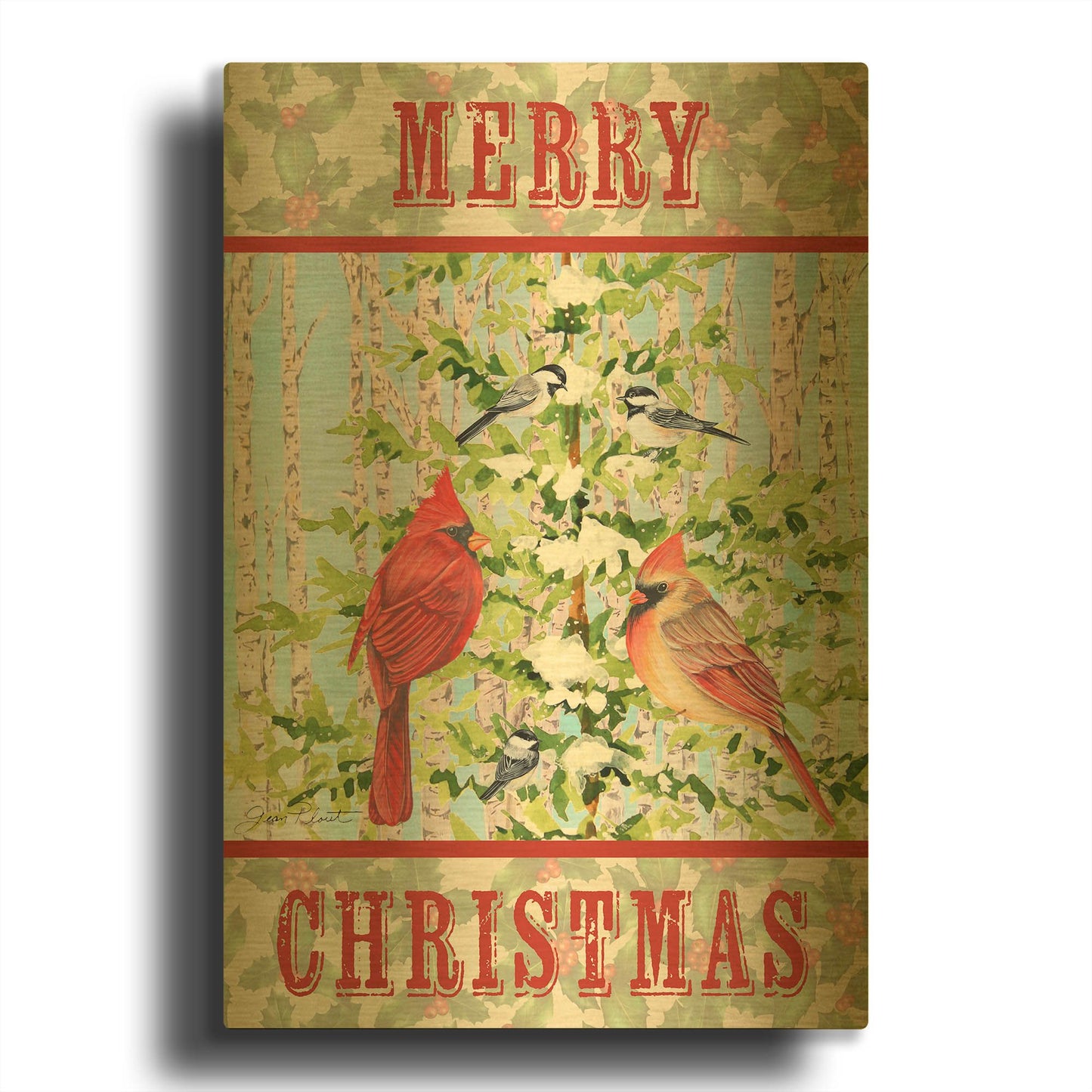 'Christmas Birds 1' By Jean Plout Gold Metal Wall Art