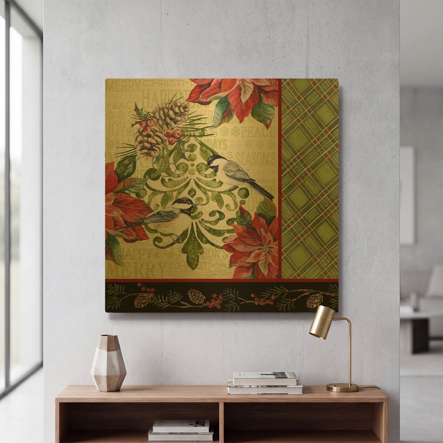 'Chickadee Holiday 5' By Jean Plout Gold Metal Wall Art
