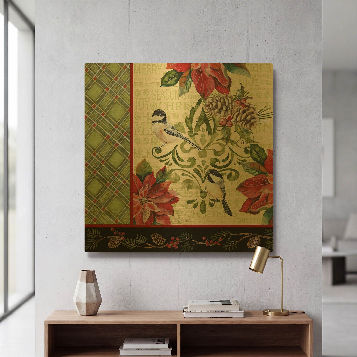 'Chickadee Holiday 4' By Jean Plout Gold Metal Wall Art