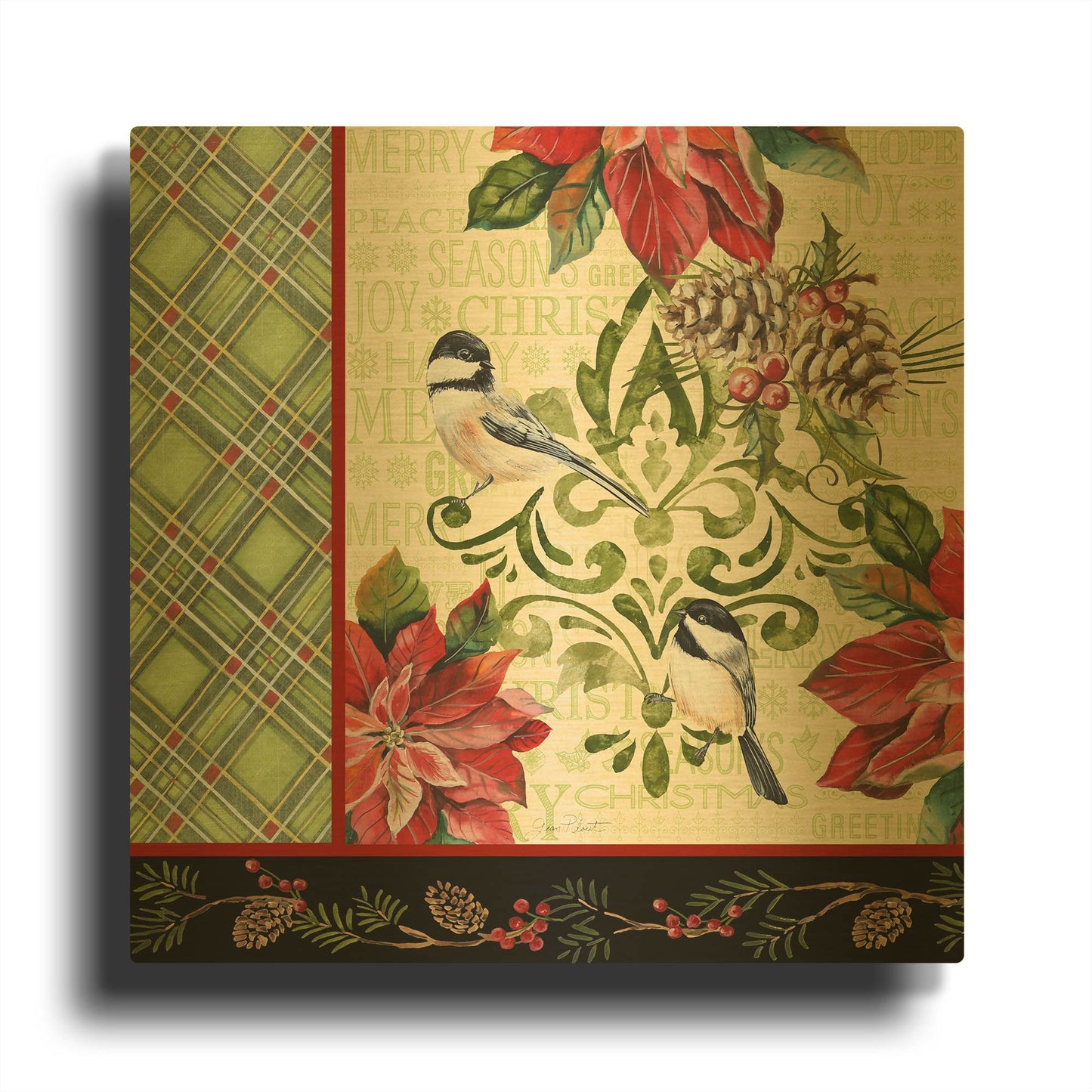 'Chickadee Holiday 4' By Jean Plout Gold Metal Wall Art