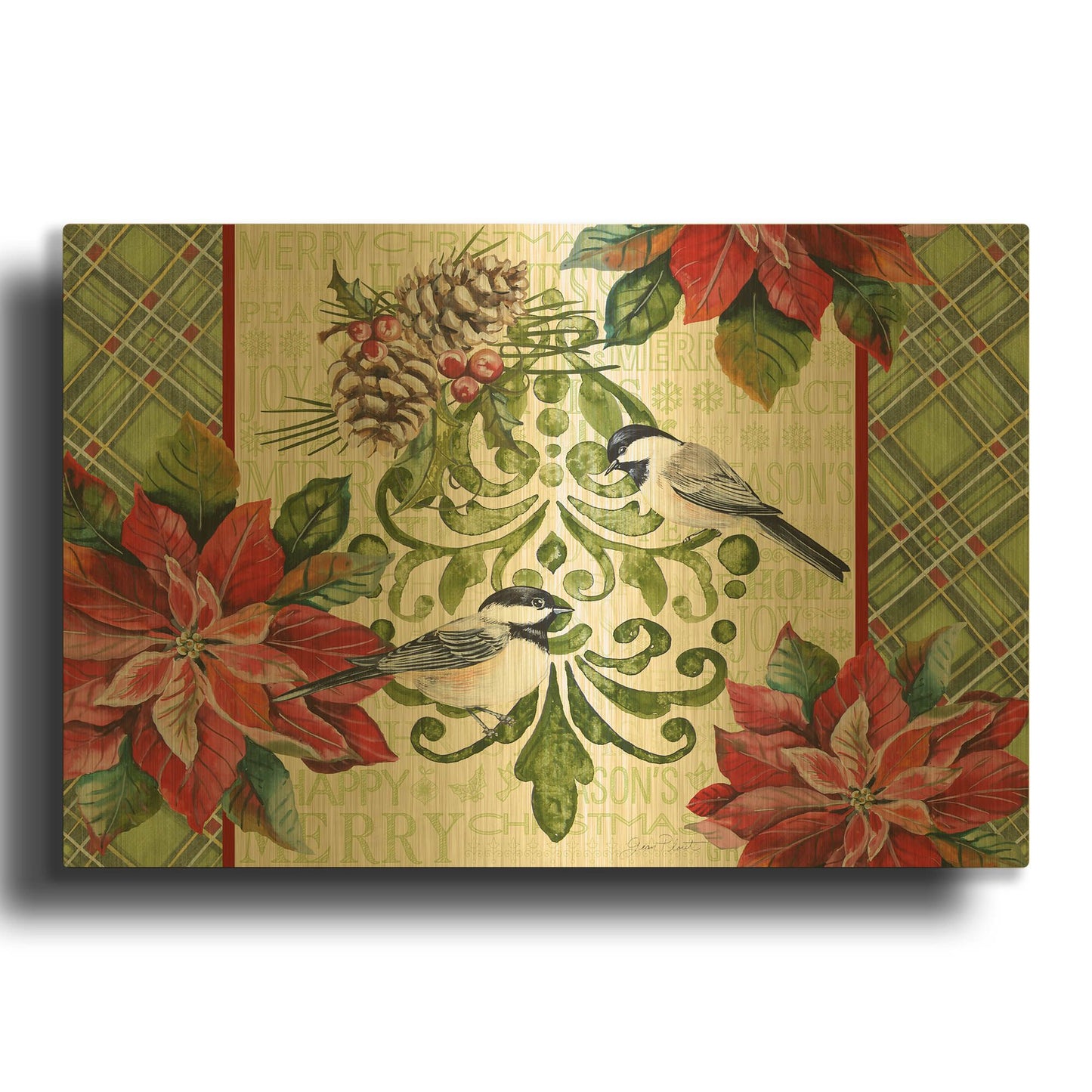 'Chickadee Holiday 3' By Jean Plout Gold Metal Wall Art