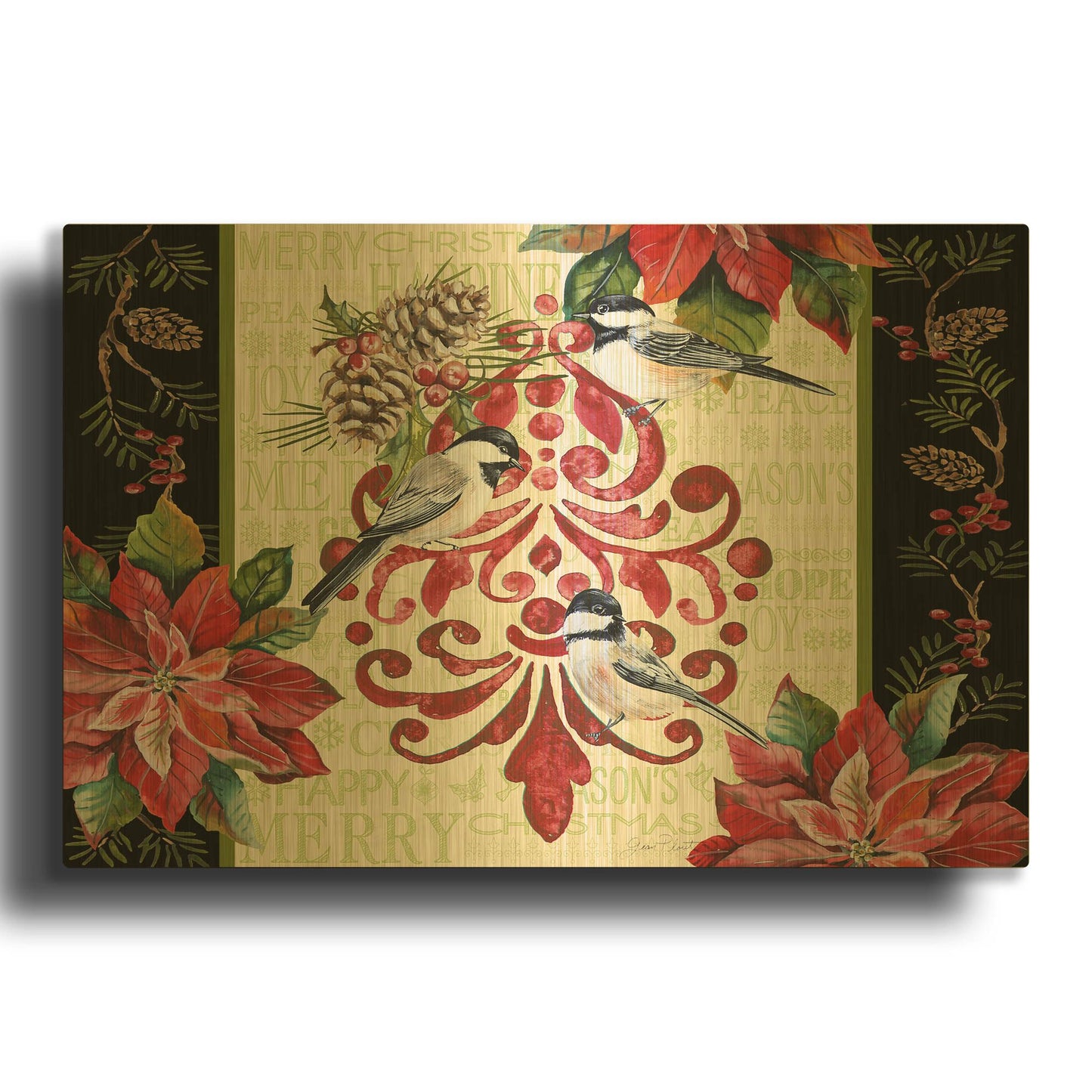 'Chickadee Holiday 2' By Jean Plout Gold Metal Wall Art