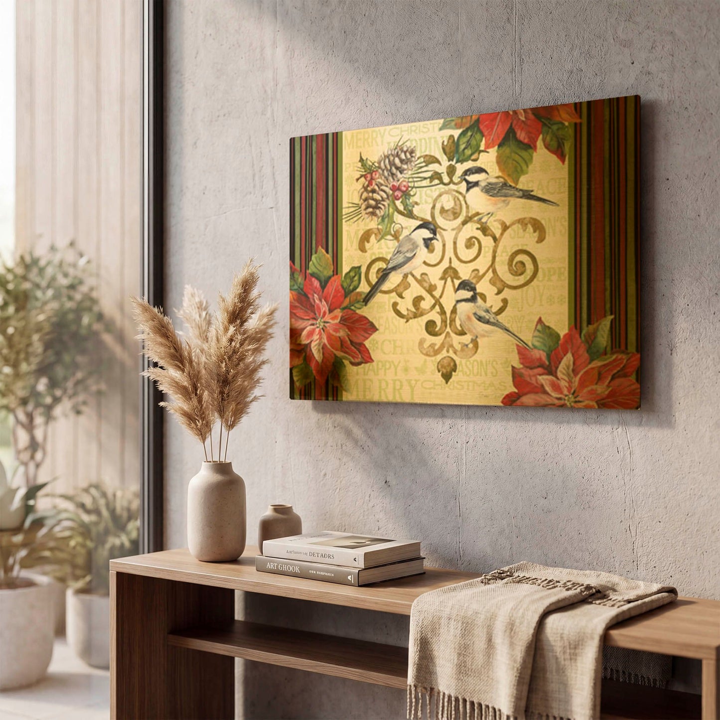 'Chickadee Holiday 1' By Jean Plout Gold Metal Wall Art