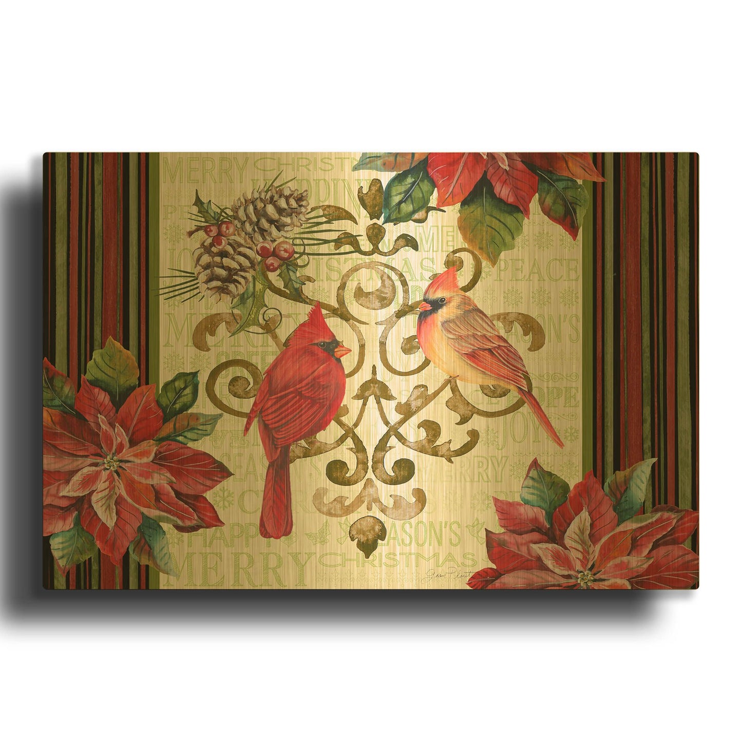 'Holiday Cardinals 5' By Jean Plout Gold Metal Wall Art