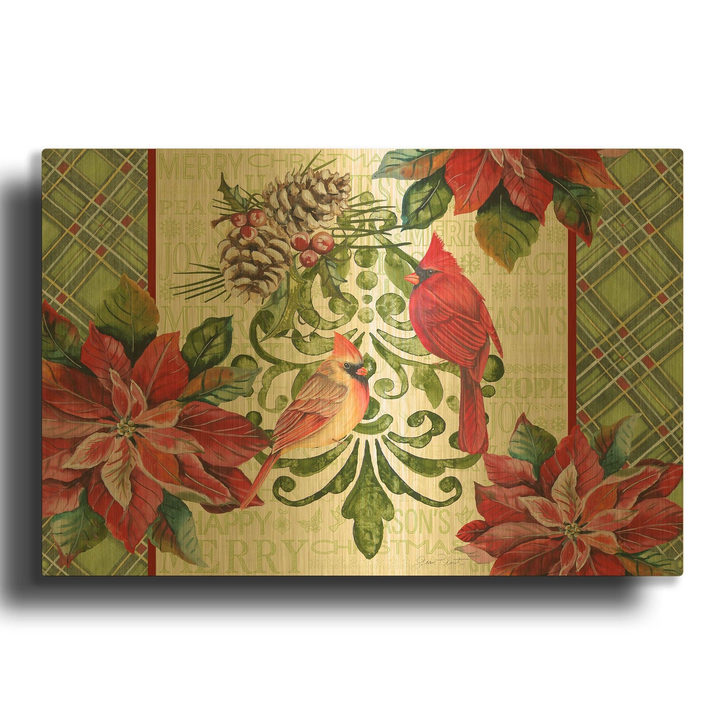 'Holiday Cardinals 3' By Jean Plout Gold Metal Wall Art