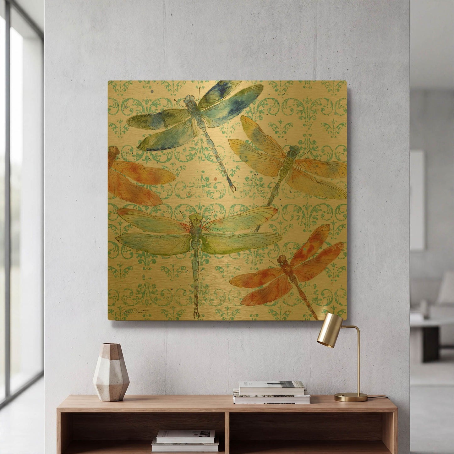 'Dragonfly Bliss 6' By Jean Plout Gold Metal Wall Art