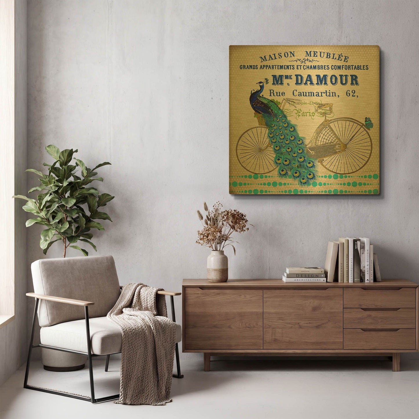 'Peacock On Bicylce 5' By Jean Plout Gold Metal Wall Art