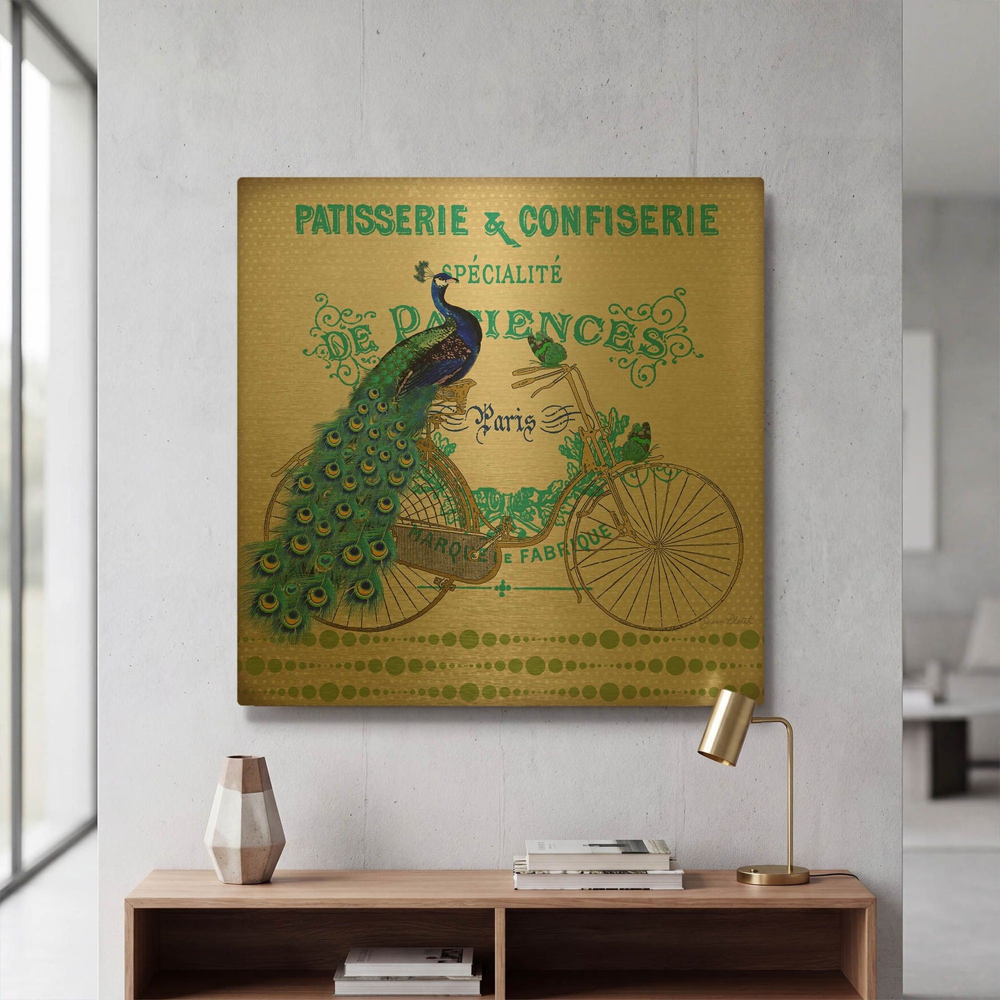 'Peacock On Bicylce 4' By Jean Plout Gold Metal Wall Art
